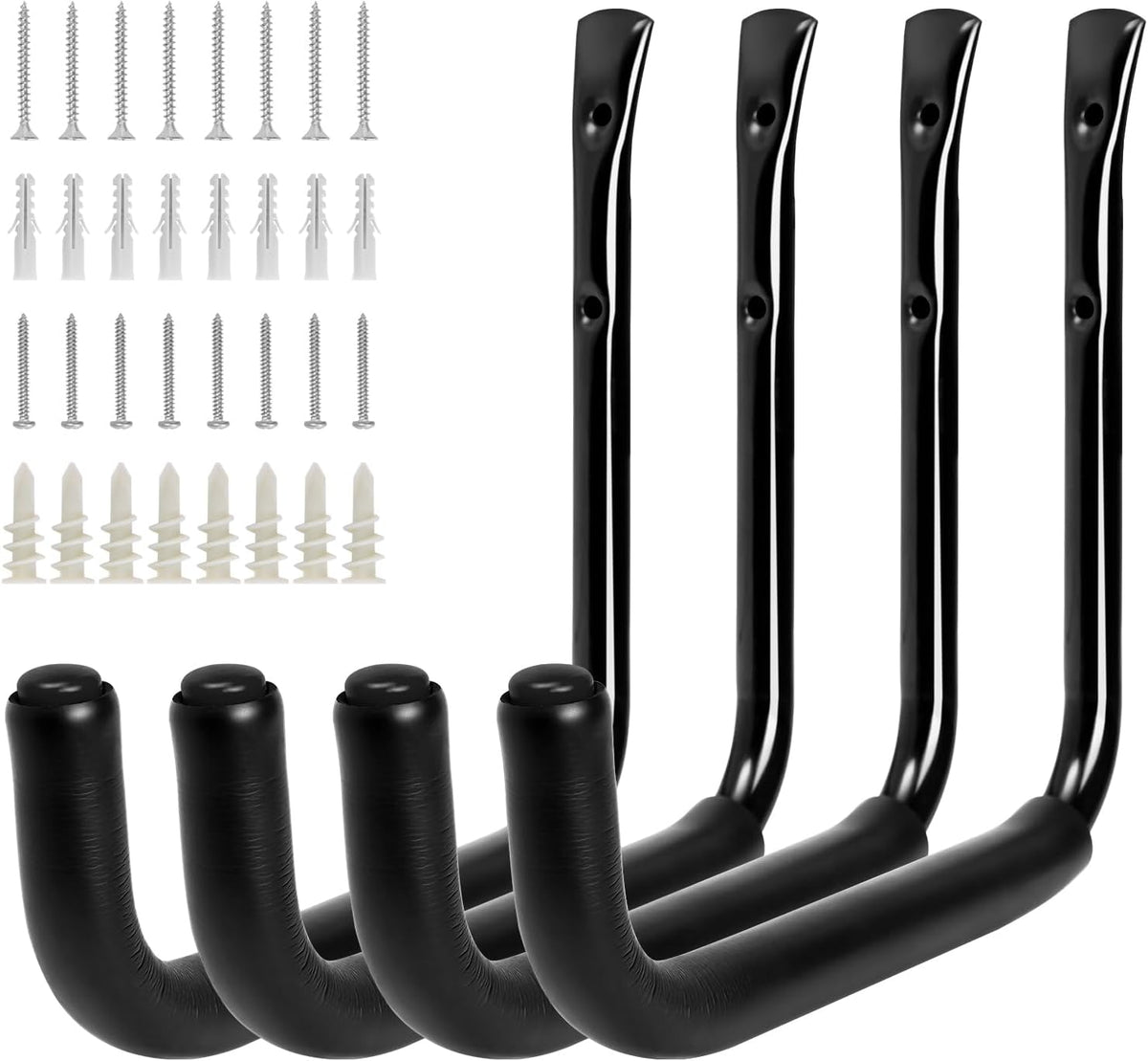 Wall Hooks for Garage Garden, 4 Pack Water Hose Holder, Large Garage Storage Hanger for Ladder Bike Extension Cord Tool, Wall Mount l Hooks, Black Heavy Duty 8 inch Long Hook