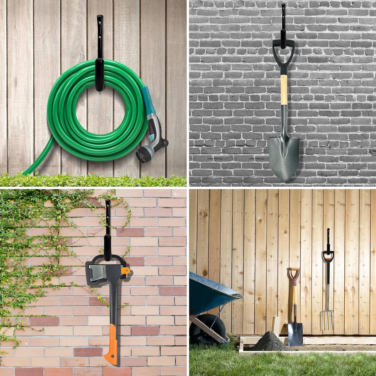 Wall Hooks for Garage Garden, 4 Pack Water Hose Holder, Large Garage Storage Hanger for Ladder Bike Extension Cord Tool, Wall Mount l Hooks, Black Heavy Duty 8 inch Long Hook