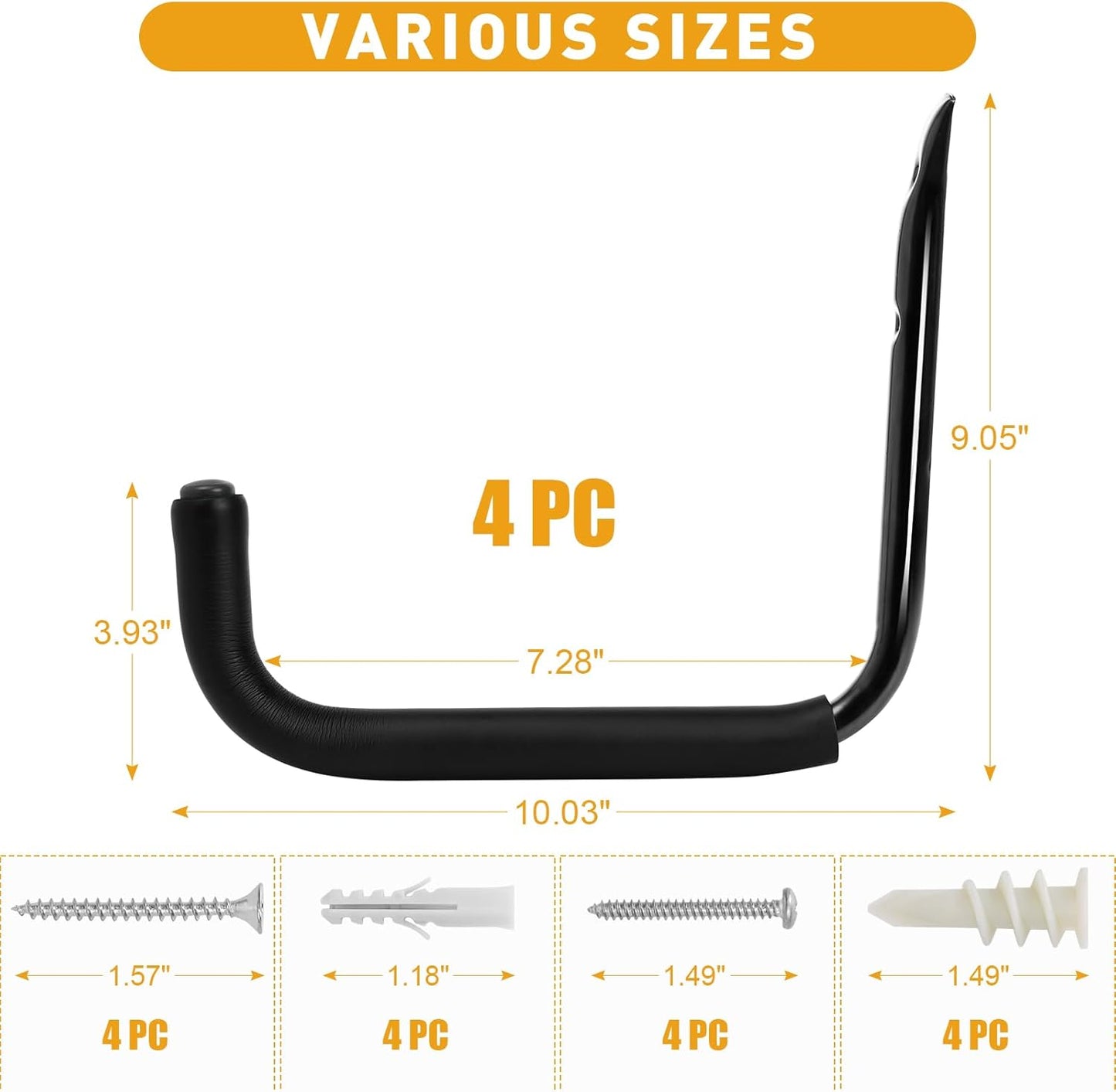 Wall Hooks for Garage Garden, 4 Pack Water Hose Holder, Large Garage Storage Hanger for Ladder Bike Extension Cord Tool, Wall Mount l Hooks, Black Heavy Duty 8 inch Long Hook