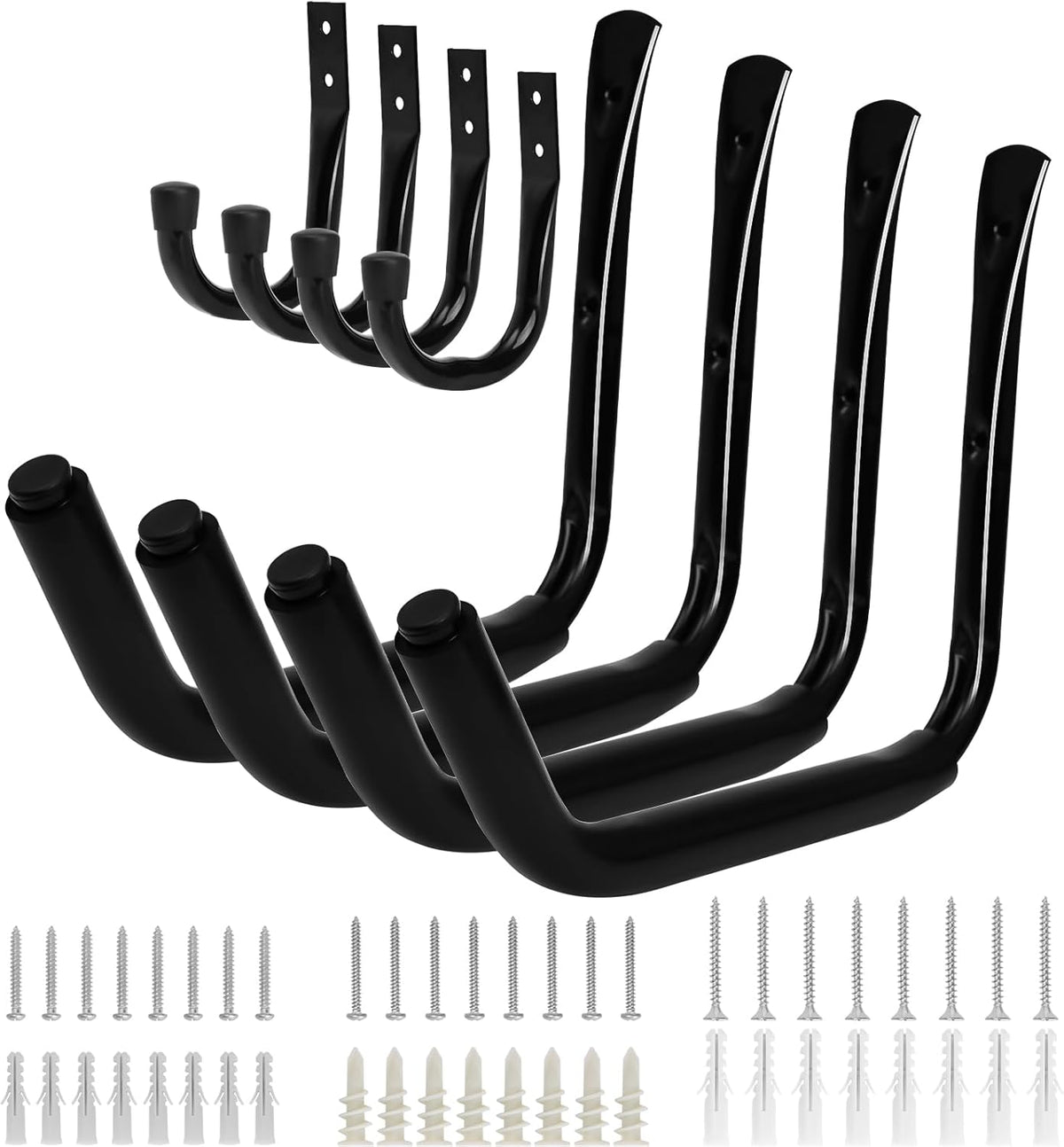 Wall Hooks for Garage Garden, 4 Pack Water Hose Holder, Large Garage Storage Hanger for Ladder Bike Extension Cord Tool, Wall Mount l Hooks, Black Heavy Duty 8 inch Long Hook