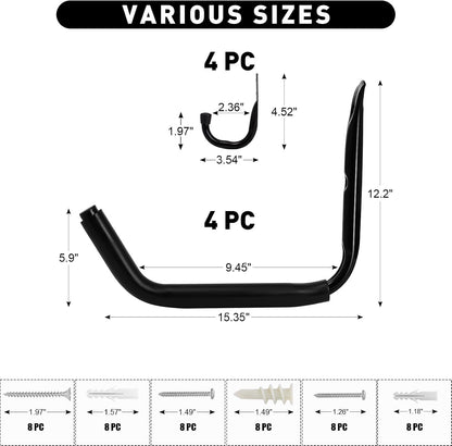 Wall Hooks for Garage Garden, 4 Pack Water Hose Holder, Large Garage Storage Hanger for Ladder Bike Extension Cord Tool, Wall Mount l Hooks, Black Heavy Duty 8 inch Long Hook
