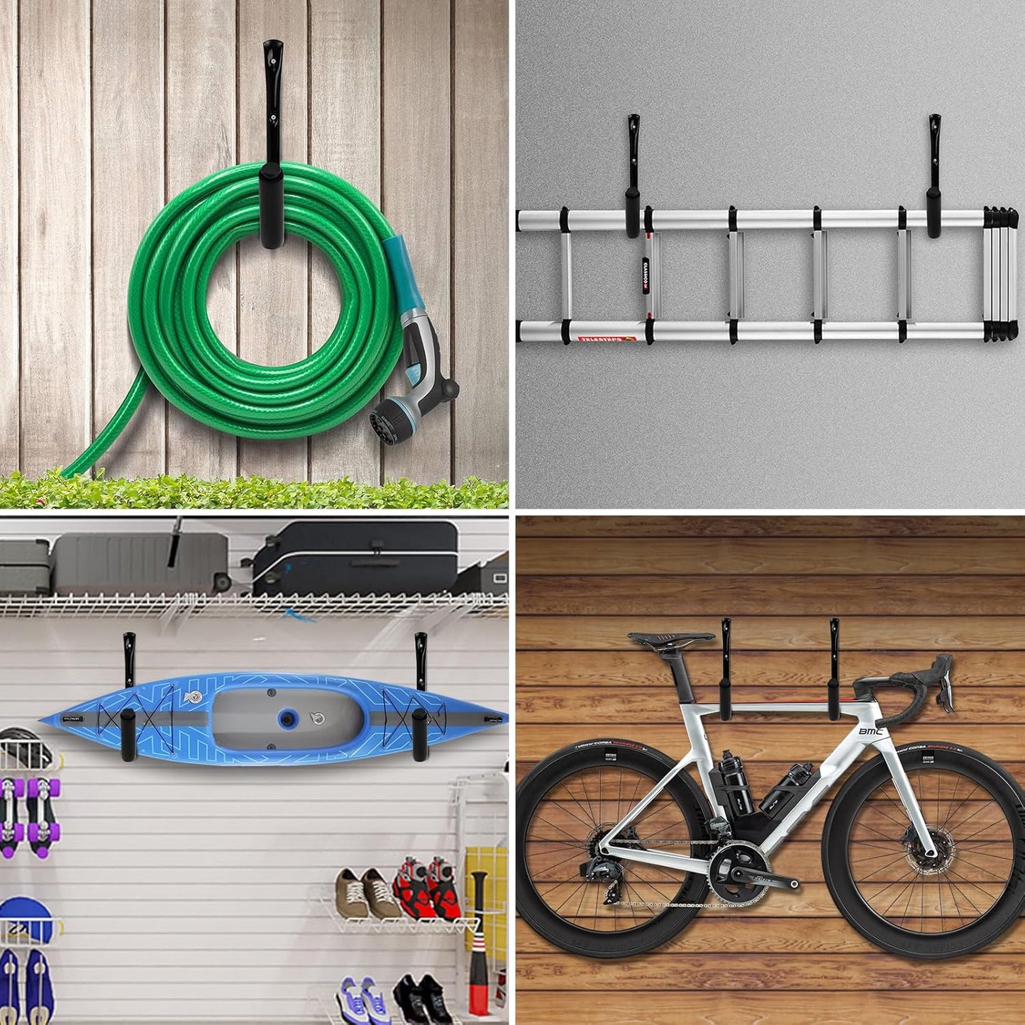 Wall Hooks for Garage Garden, 4 Pack Water Hose Holder, Large Garage Storage Hanger for Ladder Bike Extension Cord Tool, Wall Mount l Hooks, Black Heavy Duty 8 inch Long Hook