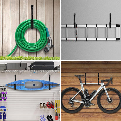 Wall Hooks for Garage Garden, 4 Pack Water Hose Holder, Large Garage Storage Hanger for Ladder Bike Extension Cord Tool, Wall Mount l Hooks, Black Heavy Duty 8 inch Long Hook