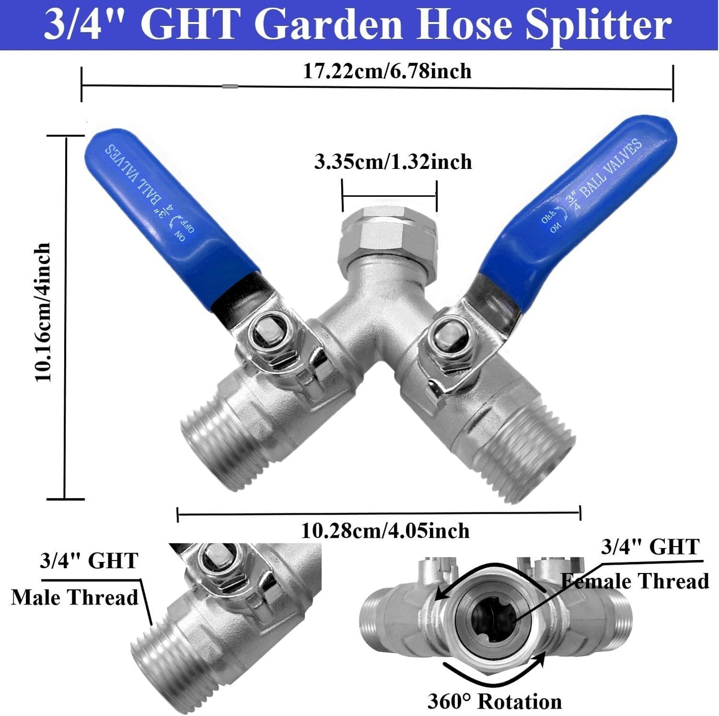 Garden Hose Splitter 3/4" GHT 2 Way Y Valve 304 Stainless Steel