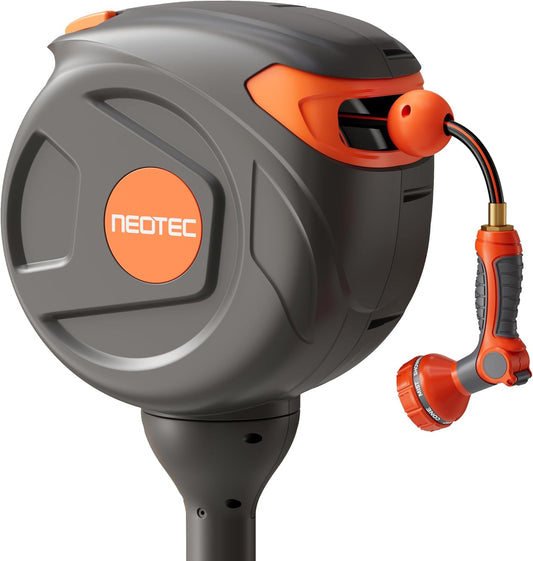 Retractable Garden Hose Reel 360° Swivel 82 ft 1/2 Inch Ground-Mounted Freestanding Water Hose Reel No-Drill Installation Any-Length Lock 20% Slow Return for Large Yard Lawn Car Washing