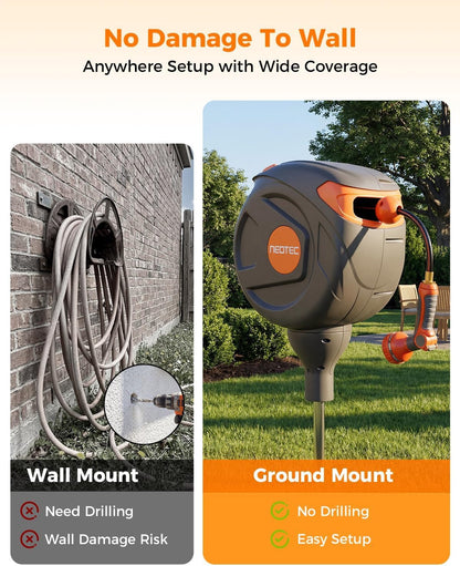 Retractable Garden Hose Reel 360° Swivel 82 ft 1/2 Inch Ground-Mounted Freestanding Water Hose Reel No-Drill Installation Any-Length Lock 20% Slow Return for Large Yard Lawn Car Washing