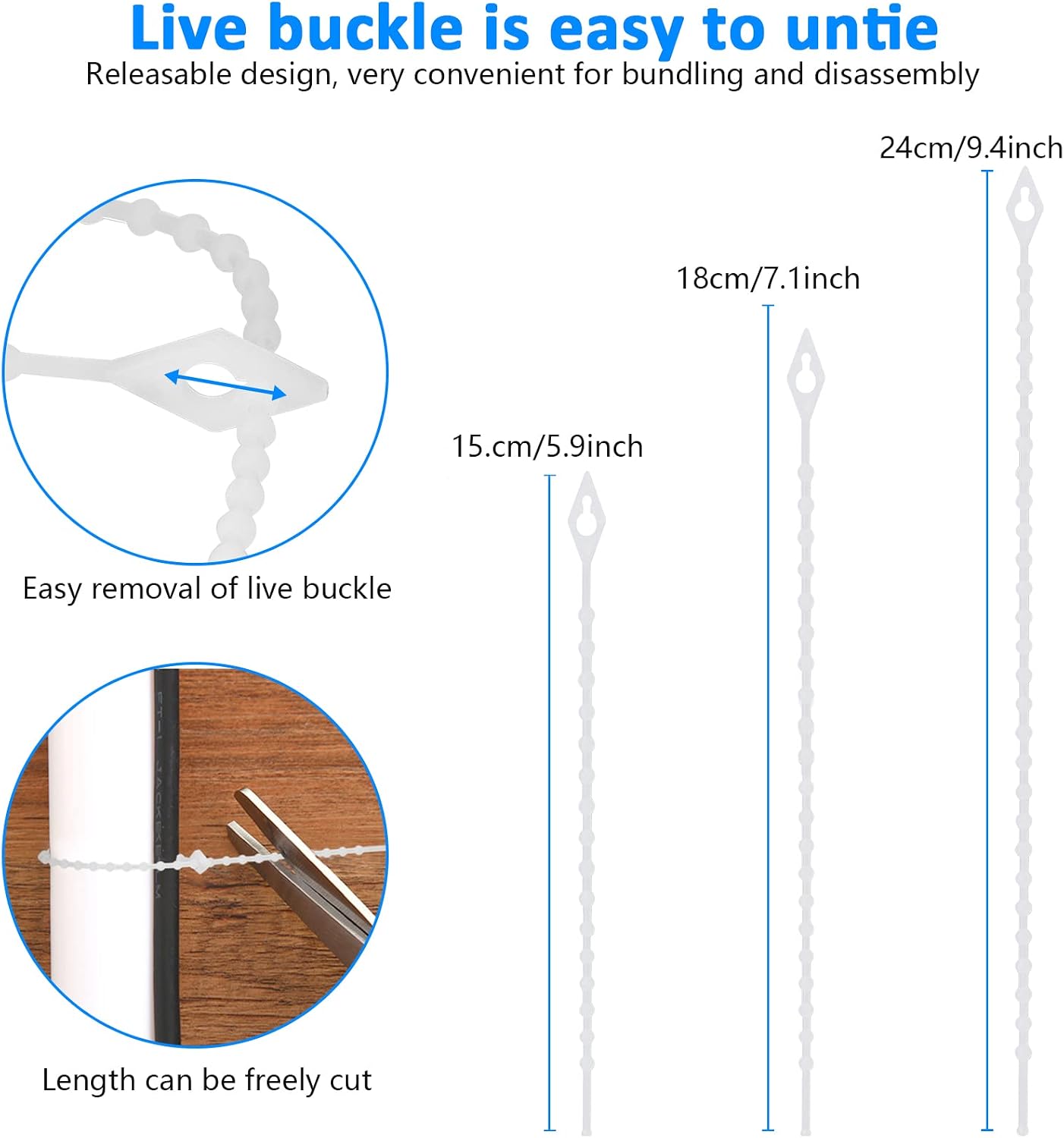 100 Pack Beaded Cable Ties Fasteners Adjustable Zip Ties Ultra Strong Reusable Wire Ties Durable Plastic Zip Straps Flexiable White Beads Loop Twist Ties, 7 Inch