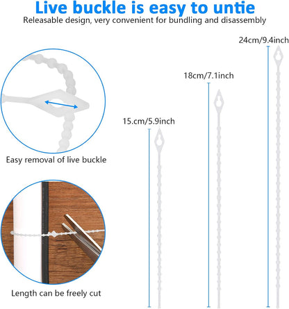 100 Pack Beaded Cable Ties Fasteners Adjustable Zip Ties Ultra Strong Reusable Wire Ties Durable Plastic Zip Straps Flexiable White Beads Loop Twist Ties, 7 Inch