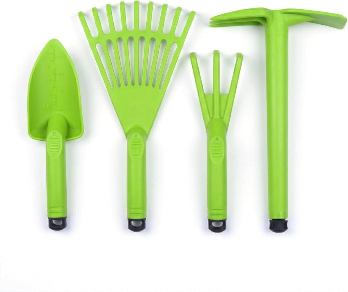 Garden Tool Set, 4-Piece Heavy Duty Gardening Tools, Includes Cultivator, Trowel, Shovel & Rake, Durable Poly Material & Non-Slip Handle, Planting, Yard Work, Landscaping – Lime Green