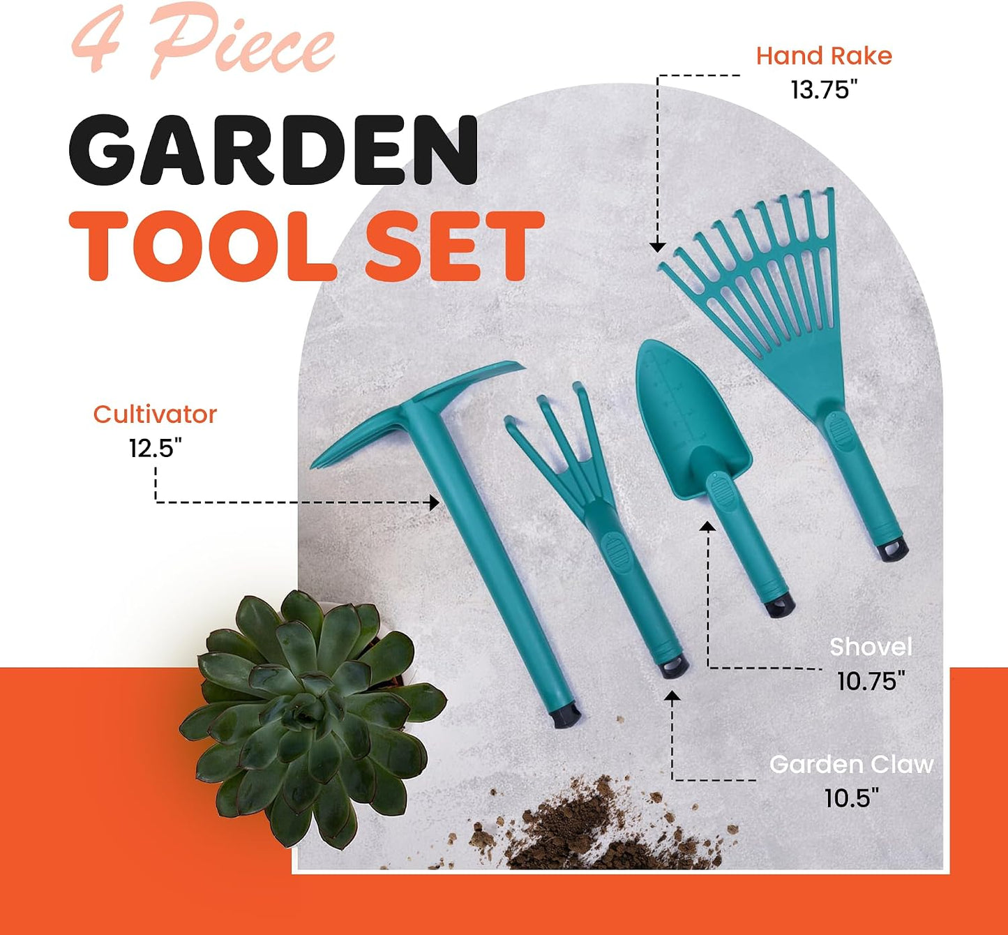 Garden Tool Set, 4-Piece Heavy Duty Gardening Tools, Includes Cultivator, Trowel, Shovel & Rake, Durable Poly Material & Non-Slip Handle, Planting, Yard Work, Landscaping – Lime Green