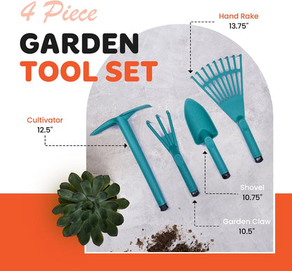 Garden Tool Set, 4-Piece Heavy Duty Gardening Tools, Includes Cultivator, Trowel, Shovel & Rake, Durable Poly Material & Non-Slip Handle, Planting, Yard Work, Landscaping – Lime Green