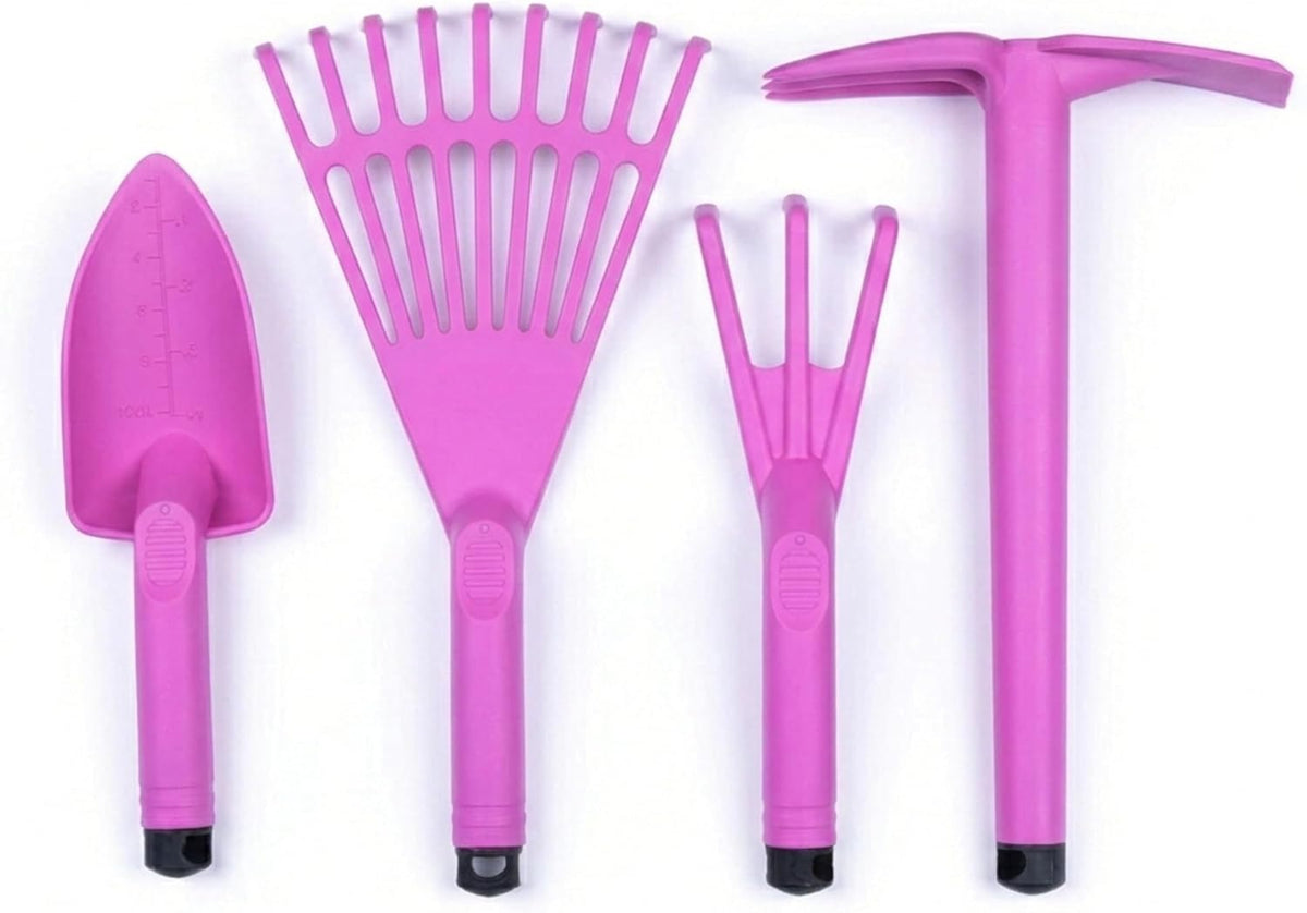 Garden Tool Set, 4-Piece Heavy Duty Gardening Tools, Includes Cultivator, Trowel, Shovel & Rake, Durable Poly Material & Non-Slip Handle, Planting, Yard Work, Landscaping – Lime Green