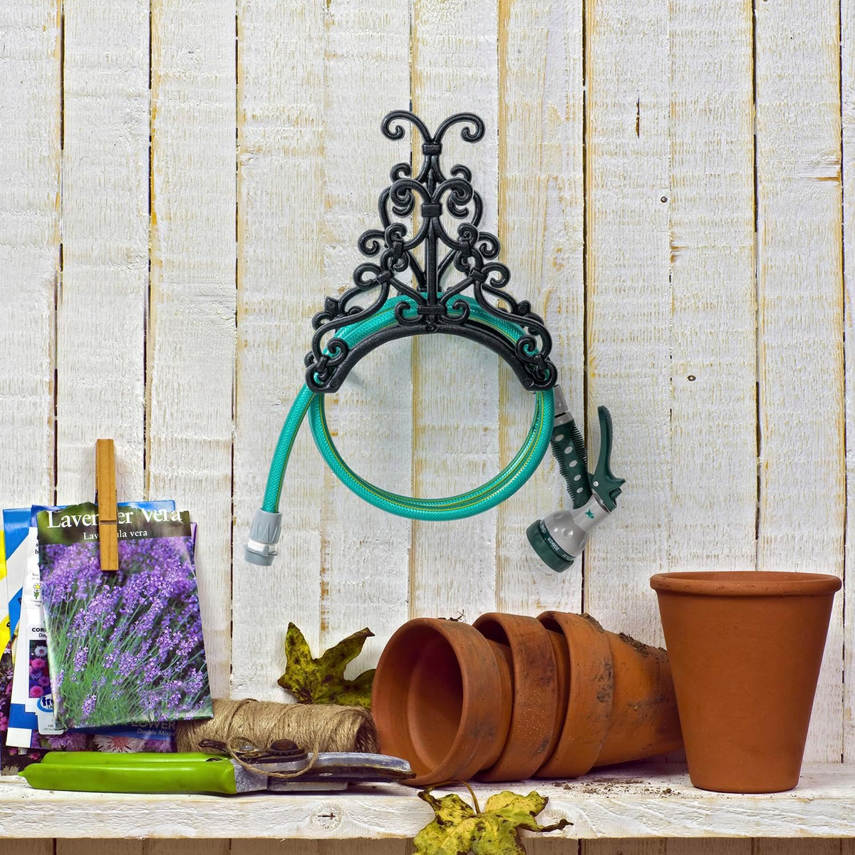 MyGift Brown Heavy Duty Cast Iron Outdoor Garden Water Hose Hanger