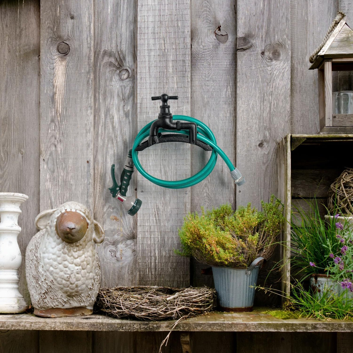 MyGift Brown Heavy Duty Cast Iron Outdoor Garden Water Hose Hanger