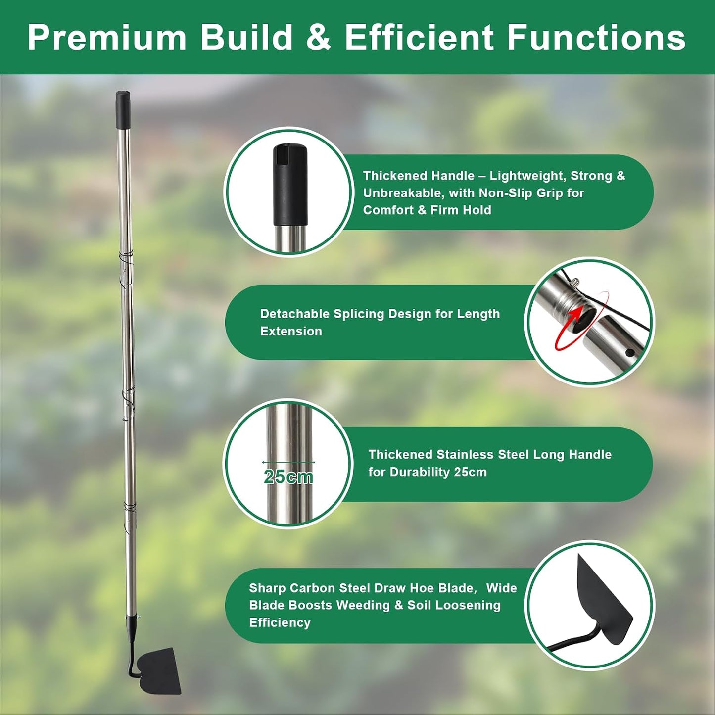 Garden hoe heavy duty for weeding，Hoe garden tool 37.8''-80.3'' Adjustable with 7.1inch Wide Welded Blade，Hoes for gardening with Long Stainless Steel Handle for Digging Loosening Weeding Planting