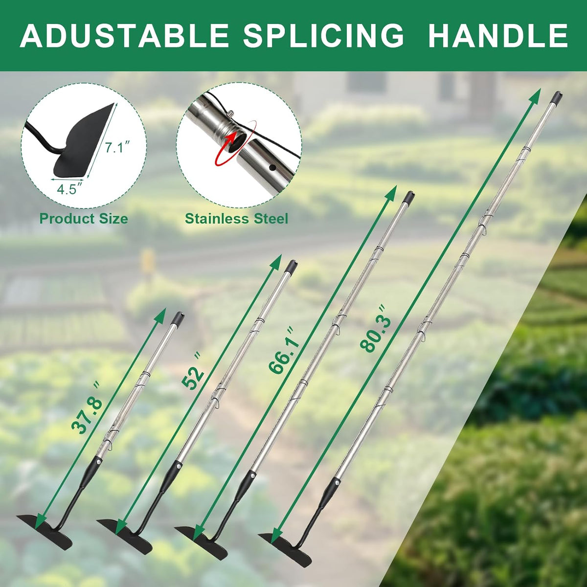 Garden hoe heavy duty for weeding，Hoe garden tool 37.8''-80.3'' Adjustable with 7.1inch Wide Welded Blade，Hoes for gardening with Long Stainless Steel Handle for Digging Loosening Weeding Planting