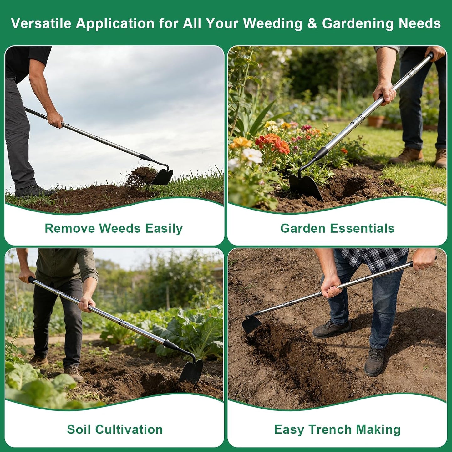 Garden hoe heavy duty for weeding，Hoe garden tool 37.8''-80.3'' Adjustable with 7.1inch Wide Welded Blade，Hoes for gardening with Long Stainless Steel Handle for Digging Loosening Weeding Planting