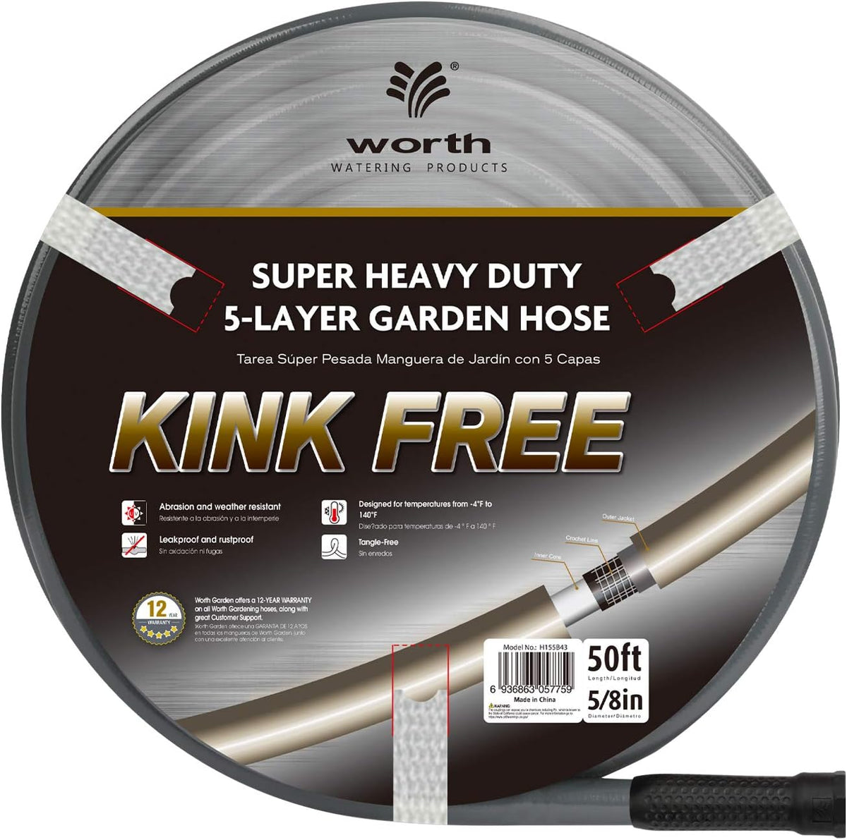 Short Lead-in Gray Garden Hose 5/8 in. x 12 ft. -Kink Free, No Leaking, Male/Female Fittings -Heavy Duty Durable Flexible Lightweight Water Pipe -Brass Aluminum Ends for Household & Yard Use