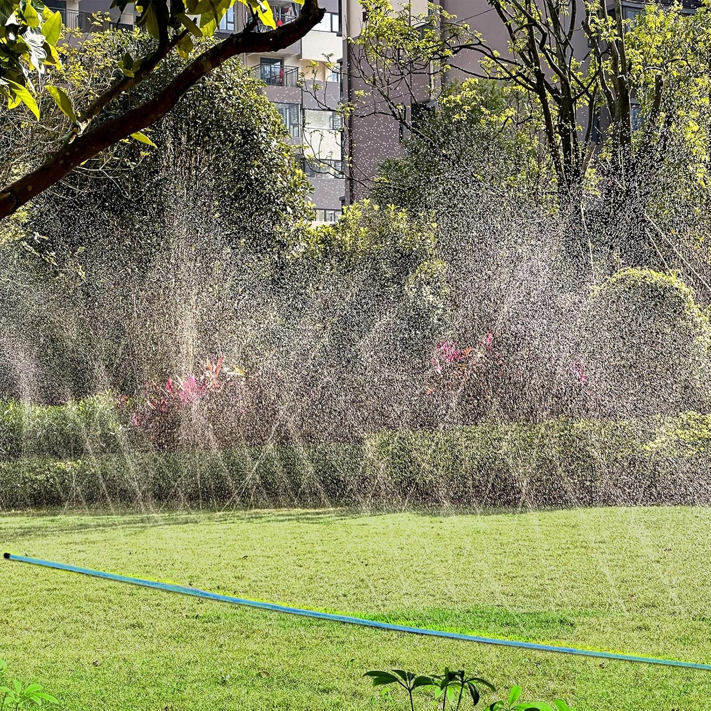 Upgrade Flat Sprinkler Soaker Hose for Garden, Heavy Duty 3-Tube Lawn Irrigation Hose with Landscape Stakes, No-Kink Flexible Watering Hose for Yard, Plants (15FT)