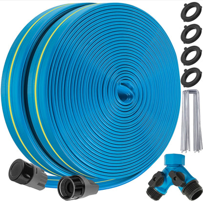 Upgrade Flat Sprinkler Soaker Hose for Garden, Heavy Duty 3-Tube Lawn Irrigation Hose with Landscape Stakes, No-Kink Flexible Watering Hose for Yard, Plants (15FT)