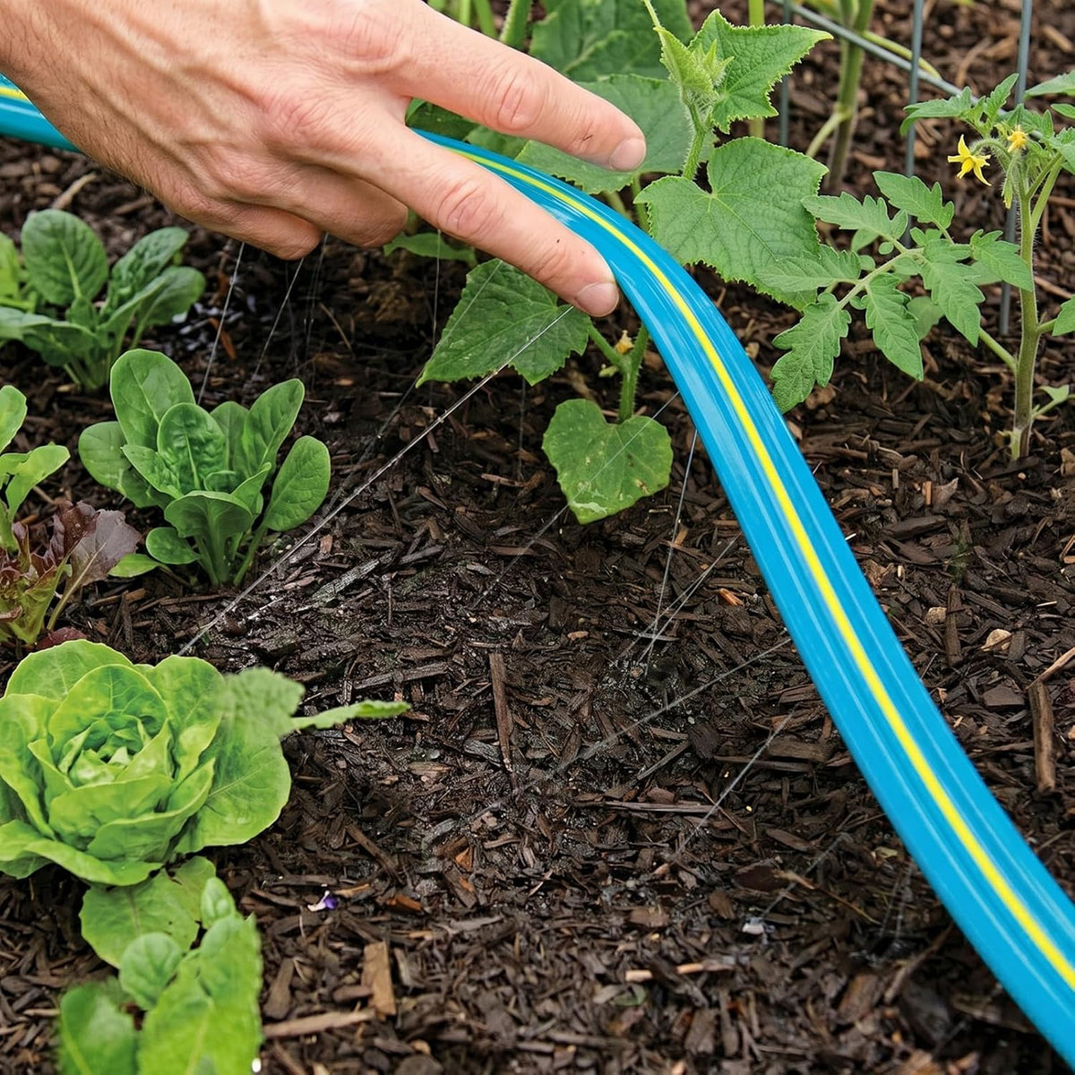 Upgrade Flat Sprinkler Soaker Hose for Garden, Heavy Duty 3-Tube Lawn Irrigation Hose with Landscape Stakes, No-Kink Flexible Watering Hose for Yard, Plants (15FT)