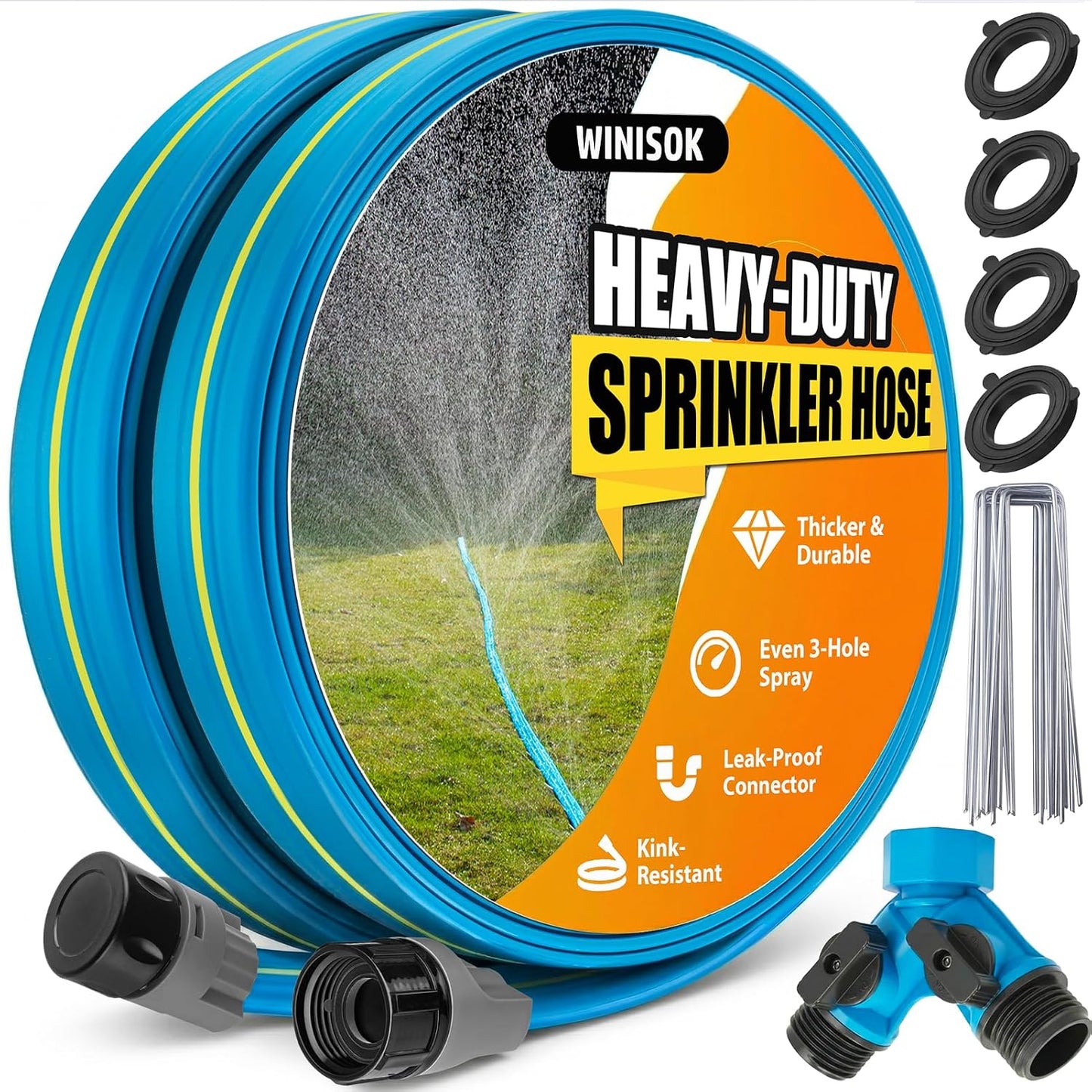 Upgrade Flat Sprinkler Soaker Hose for Garden, Heavy Duty 3-Tube Lawn Irrigation Hose with Landscape Stakes, No-Kink Flexible Watering Hose for Yard, Plants (15FT)