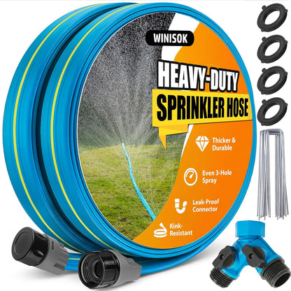 Upgrade Flat Sprinkler Soaker Hose for Garden, Heavy Duty 3-Tube Lawn Irrigation Hose with Landscape Stakes, No-Kink Flexible Watering Hose for Yard, Plants (15FT)