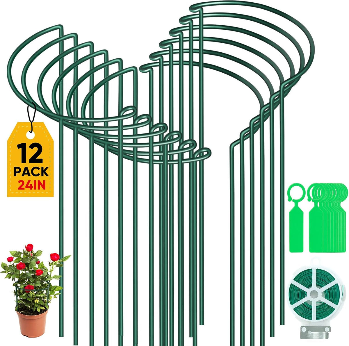 12 Pack 24 Inch Tall Plant Support Stakes, 10" W x 24" H Half Round Peony Cages and Support, Heavy Duty Green Plant Cage Ring Support for Indoor and Outdoor Peony Rose Tomato Hydrangea Flower
