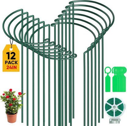 12 Pack 24 Inch Tall Plant Support Stakes, 10" W x 24" H Half Round Peony Cages and Support, Heavy Duty Green Plant Cage Ring Support for Indoor and Outdoor Peony Rose Tomato Hydrangea Flower