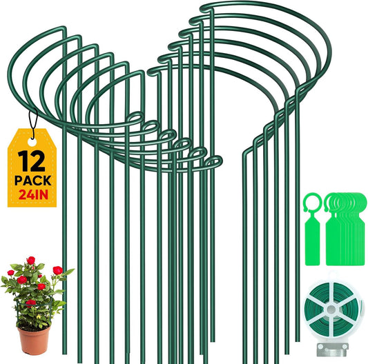 12 Pack 24 Inch Tall Plant Support Stakes, 10" W x 24" H Half Round Peony Cages and Support, Heavy Duty Green Plant Cage Ring Support for Indoor and Outdoor Peony Rose Tomato Hydrangea Flower