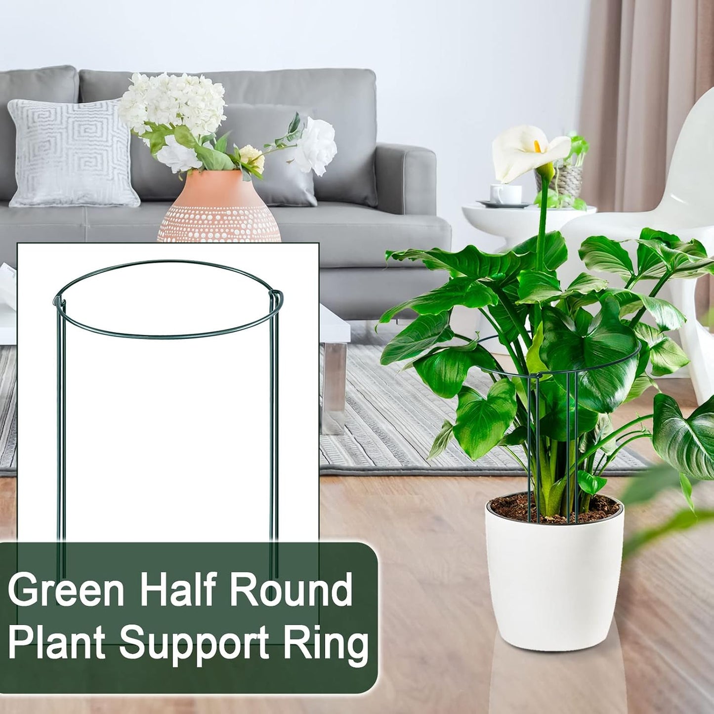 12 Pack 24 Inch Tall Plant Support Stakes, 10" W x 24" H Half Round Peony Cages and Support, Heavy Duty Green Plant Cage Ring Support for Indoor and Outdoor Peony Rose Tomato Hydrangea Flower