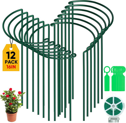 12 Pack 24 Inch Tall Plant Support Stakes, 10" W x 24" H Half Round Peony Cages and Support, Heavy Duty Green Plant Cage Ring Support for Indoor and Outdoor Peony Rose Tomato Hydrangea Flower