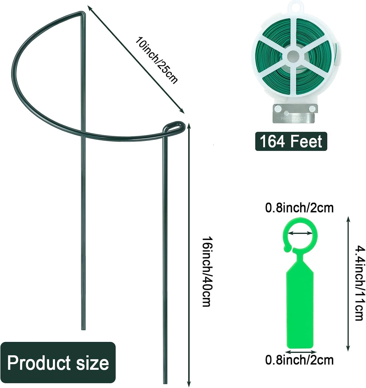 12 Pack 24 Inch Tall Plant Support Stakes, 10" W x 24" H Half Round Peony Cages and Support, Heavy Duty Green Plant Cage Ring Support for Indoor and Outdoor Peony Rose Tomato Hydrangea Flower