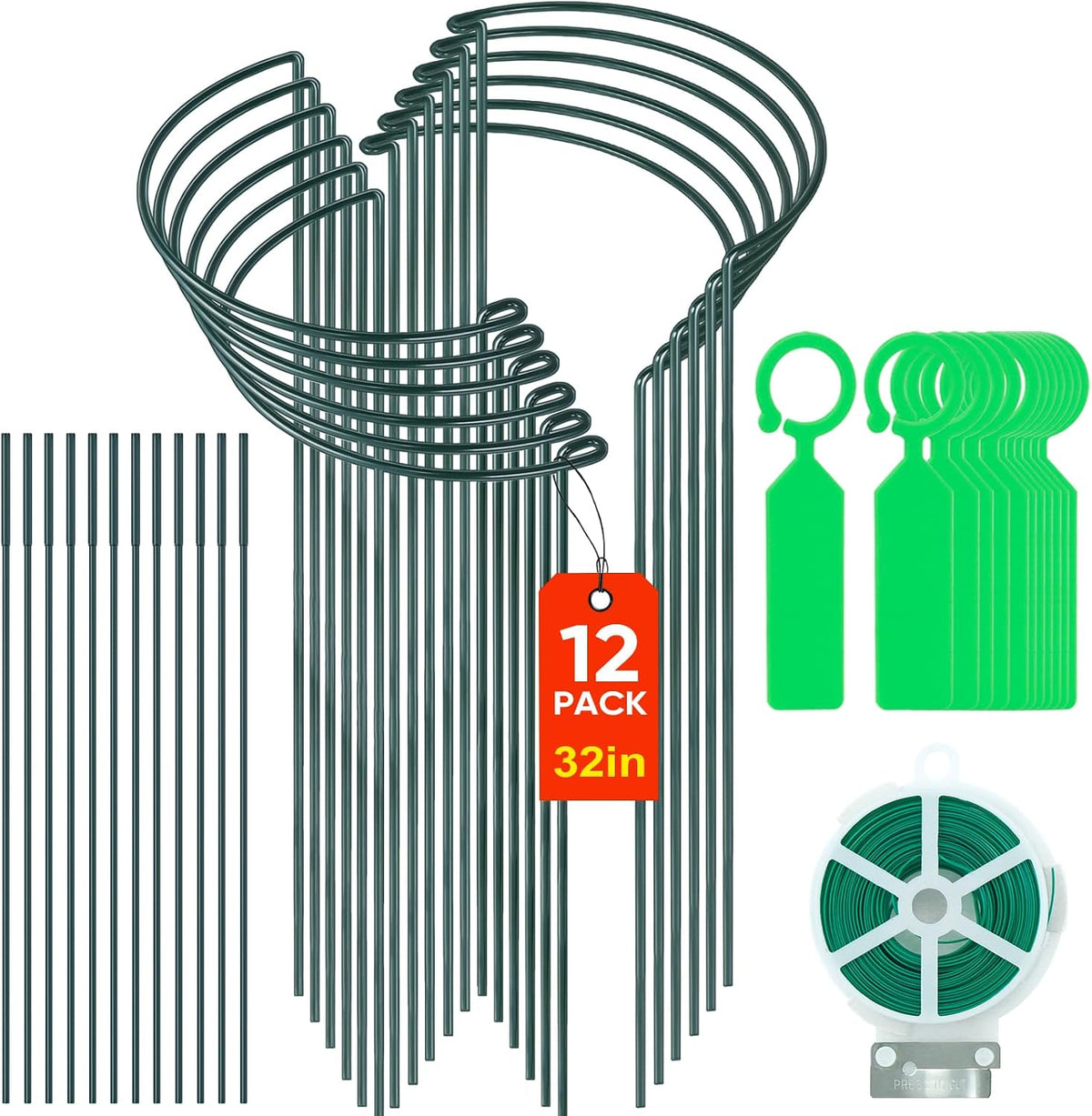 12 Pack 24 Inch Tall Plant Support Stakes, 10" W x 24" H Half Round Peony Cages and Support, Heavy Duty Green Plant Cage Ring Support for Indoor and Outdoor Peony Rose Tomato Hydrangea Flower