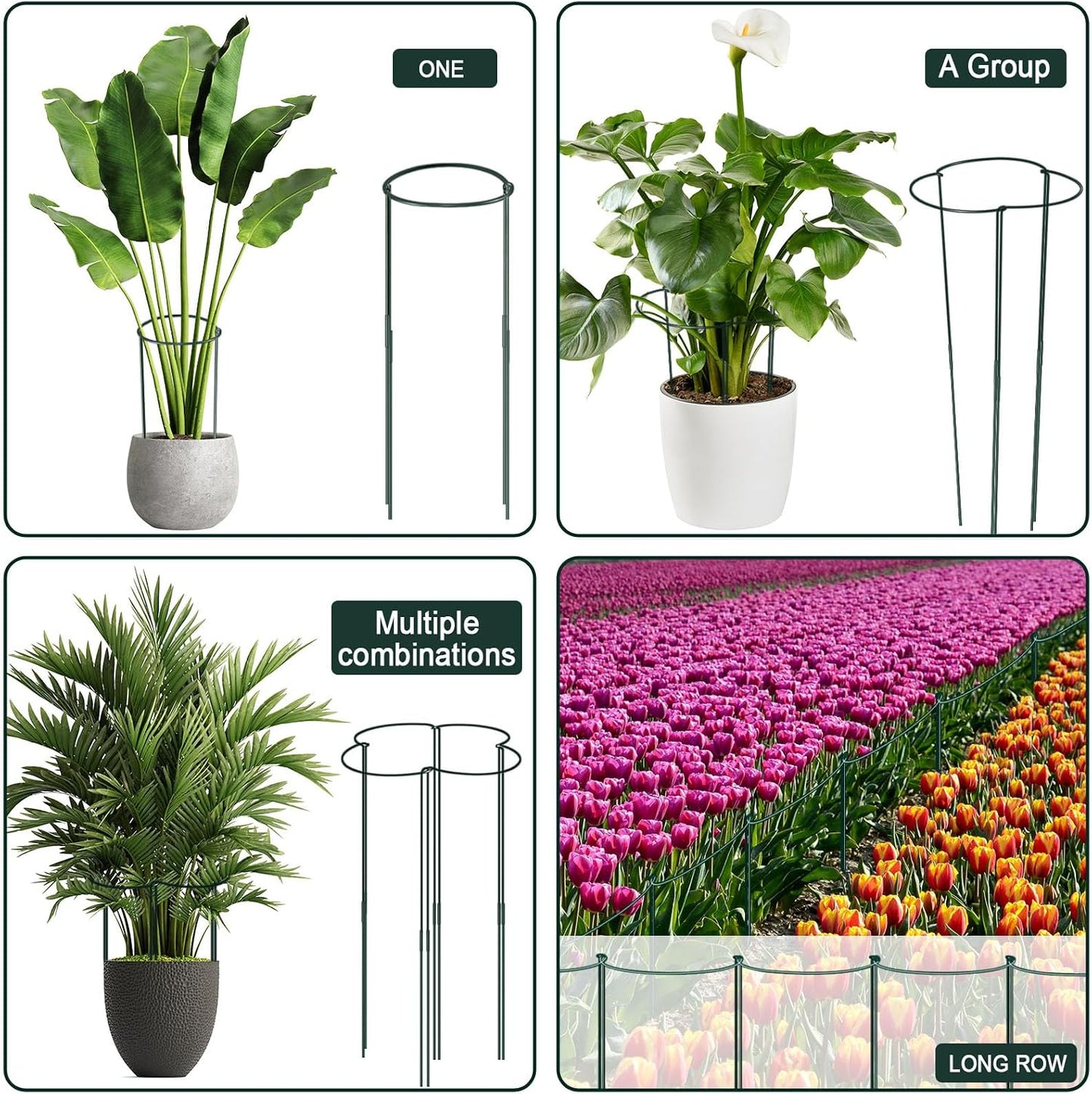12 Pack 24 Inch Tall Plant Support Stakes, 10" W x 24" H Half Round Peony Cages and Support, Heavy Duty Green Plant Cage Ring Support for Indoor and Outdoor Peony Rose Tomato Hydrangea Flower