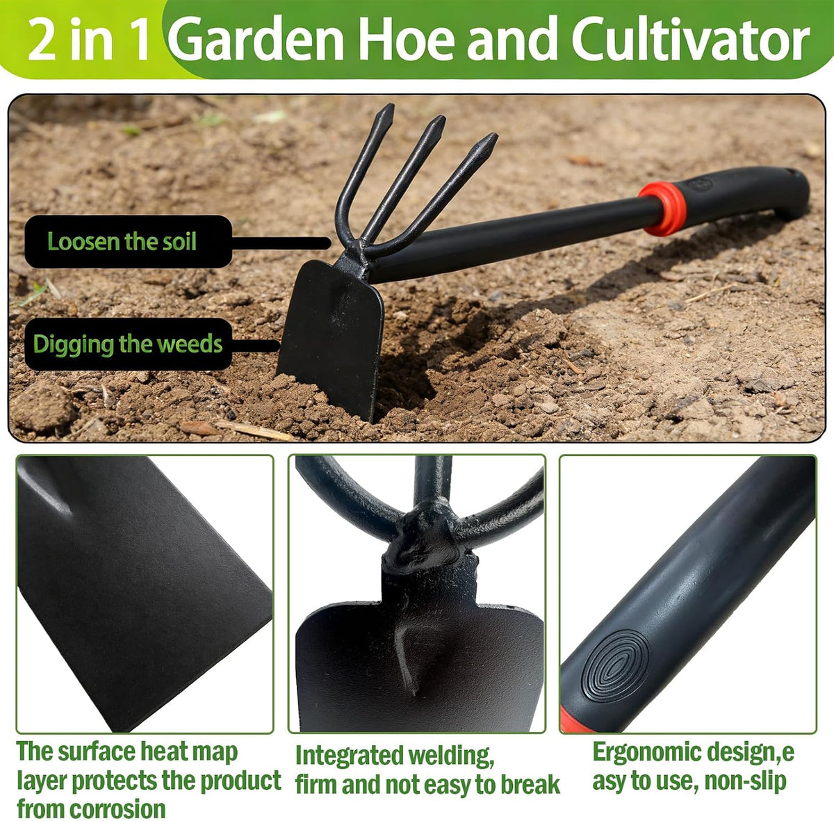Hoe and Cultivator Garden Rake, Hoe & Sturdy 3 Claw Tiller, 2-in-1 Gardening Hand Tools for Digging