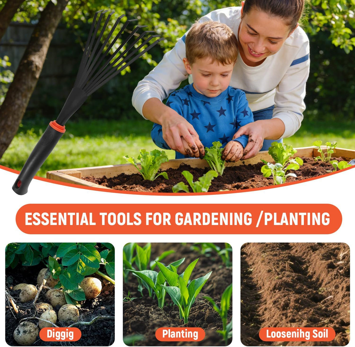 Hoe and Cultivator Garden Rake, Hoe & Sturdy 3 Claw Tiller, 2-in-1 Gardening Hand Tools for Digging