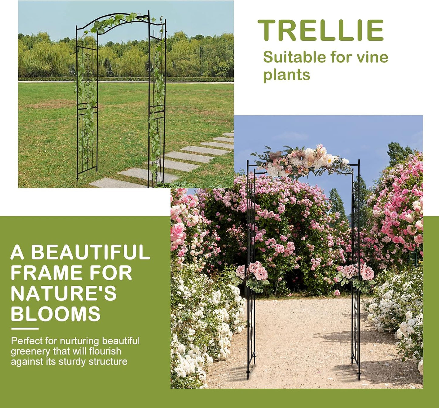7FT Metal Garden Arch Arbor, Black Trellis Frame
