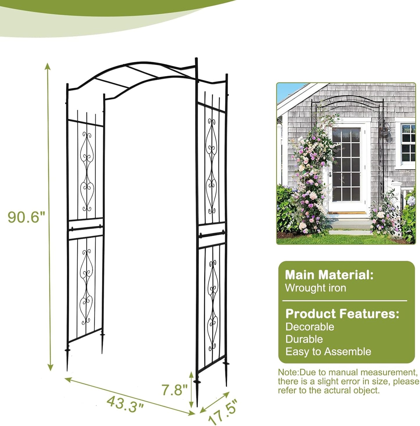 7FT Metal Garden Arch Arbor, Black Trellis Frame