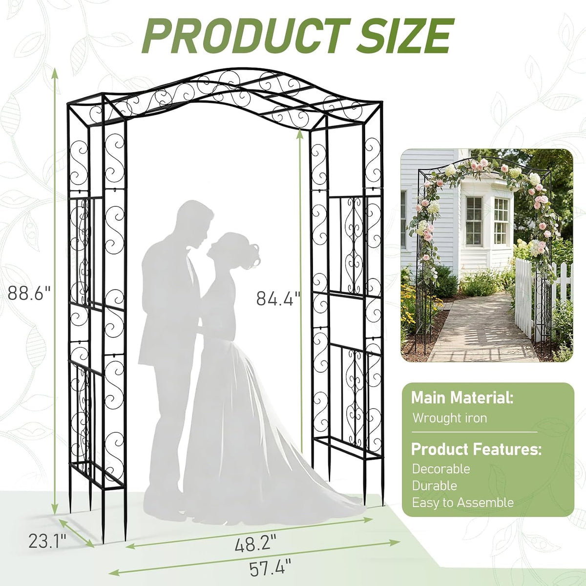 7FT Metal Garden Arch Arbor, Black Trellis Frame