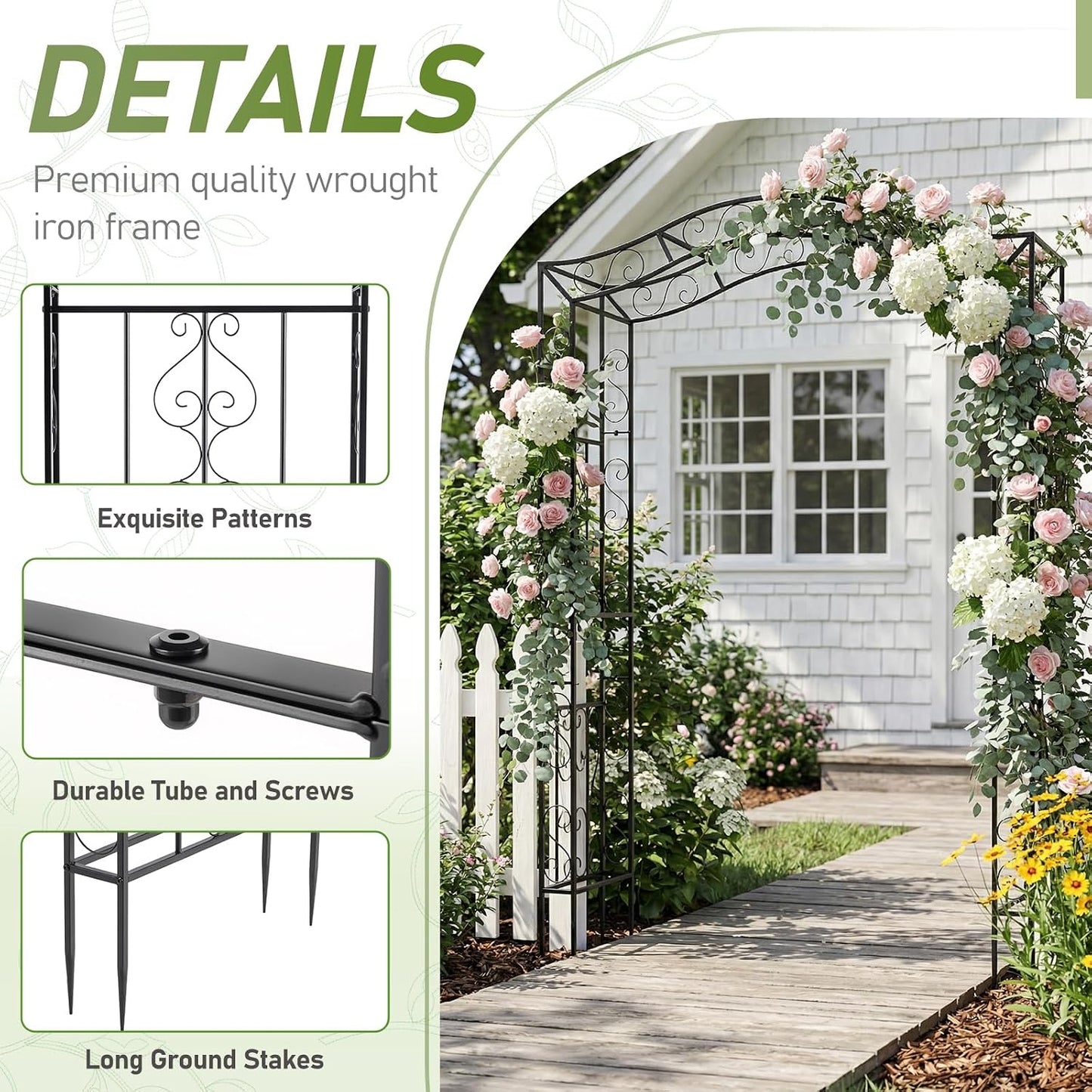 7FT Metal Garden Arch Arbor, Black Trellis Frame