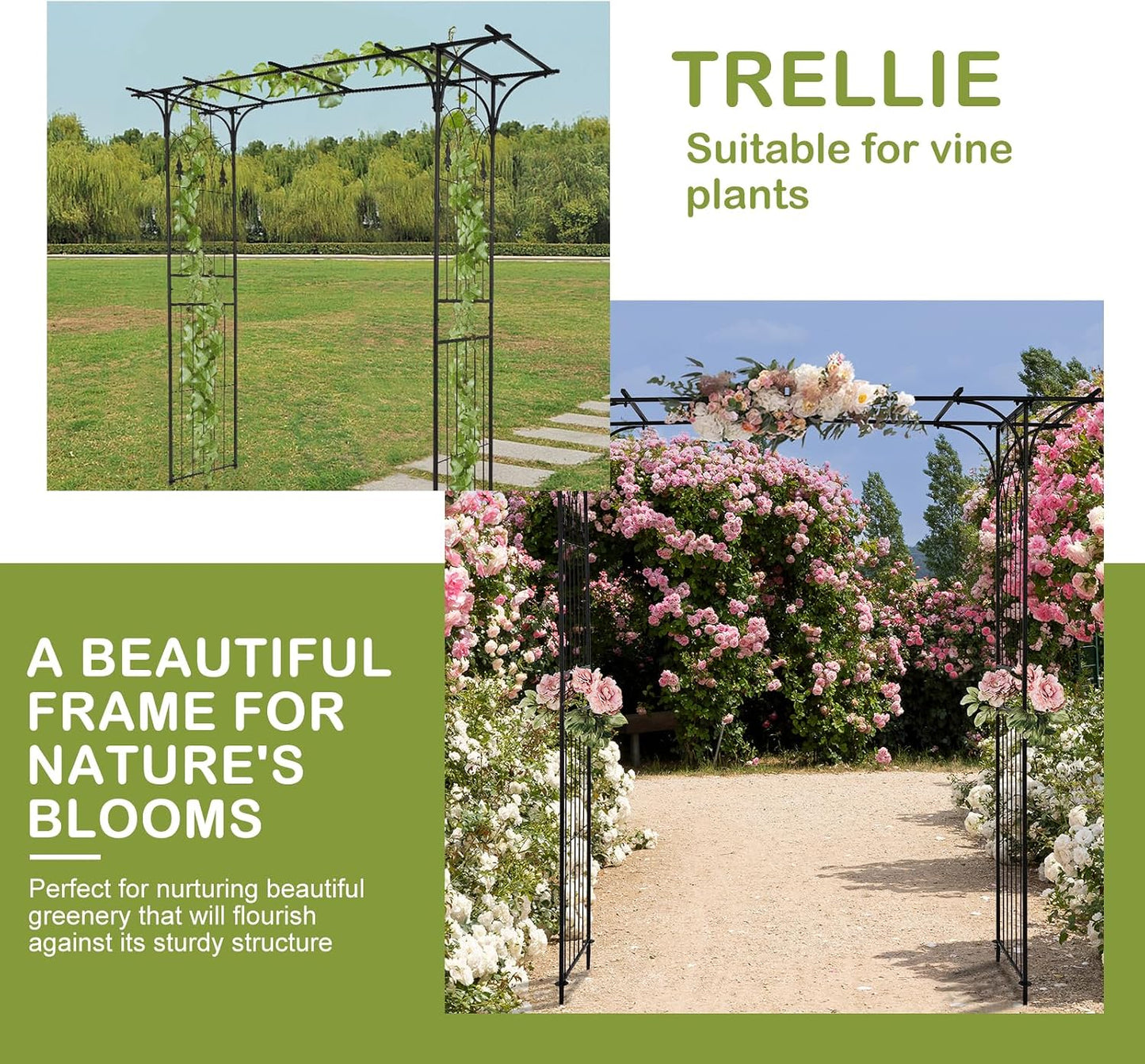 7FT Metal Garden Arch Arbor, Black Trellis Frame