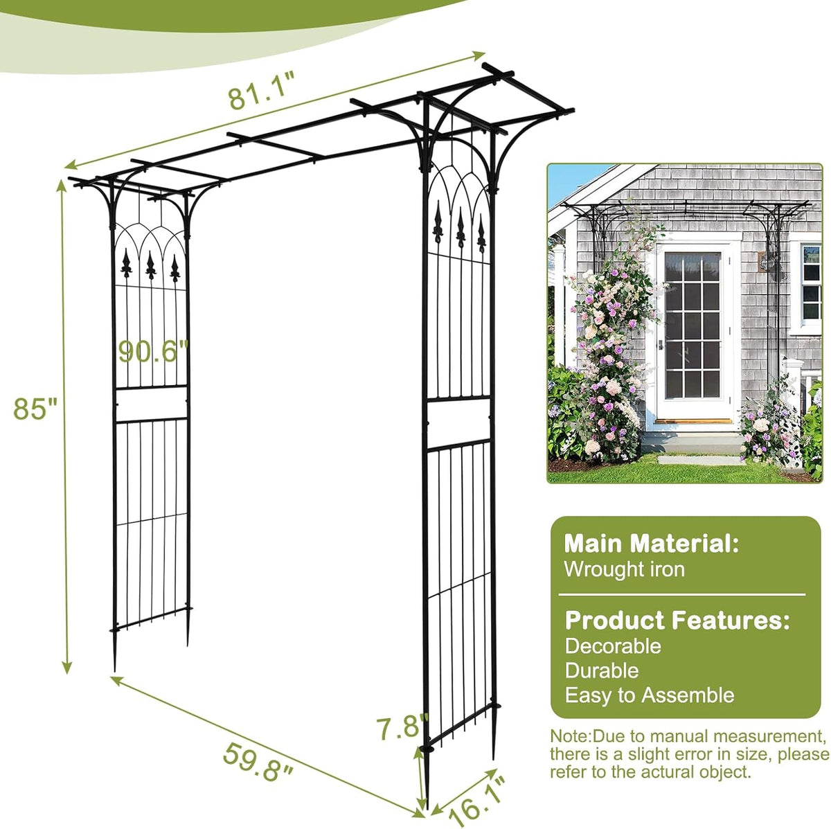 7FT Metal Garden Arch Arbor, Black Trellis Frame
