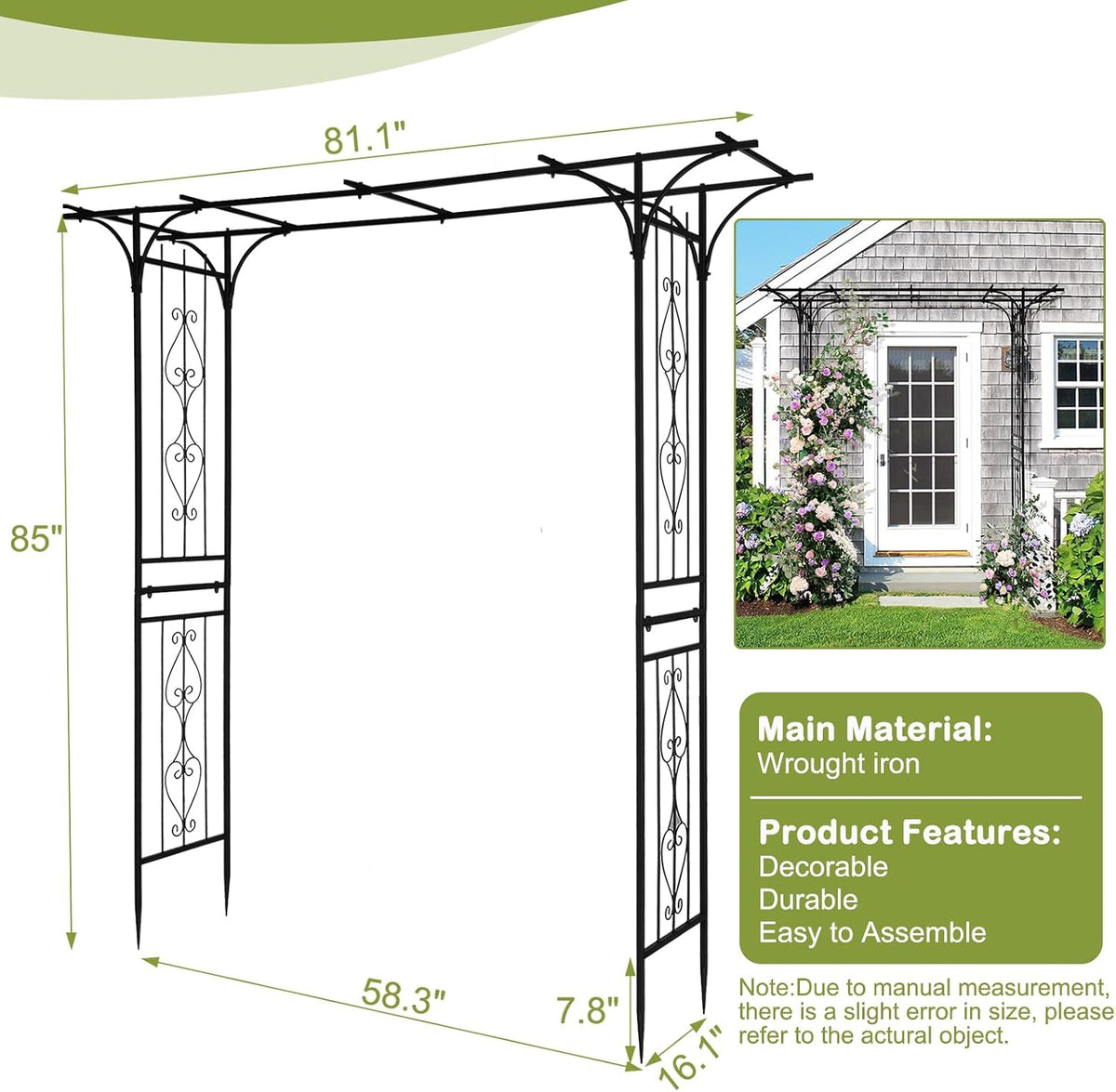 7FT Metal Garden Arch Arbor, Black Trellis Frame