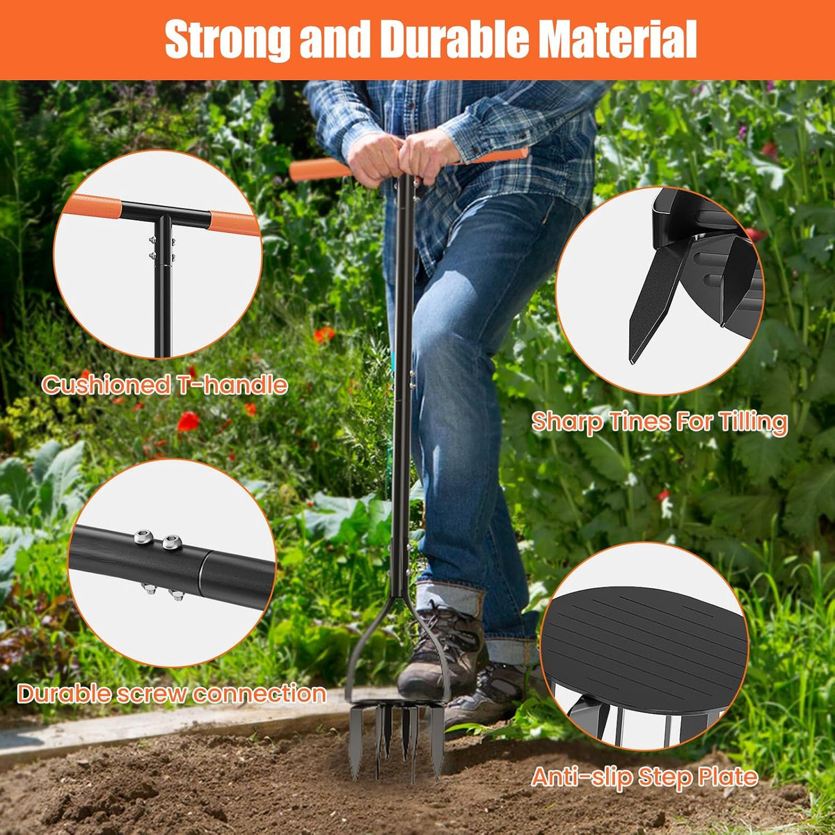 Hand Tiller Cultivator with 5.1 Inch Deep 8 Steel Teeth, Manual Soil Tiller Garden Tool 40 Inch with Anti-Slip Pedal，Garden Claw for Weeding, Planting Aerating, Mixing Soil