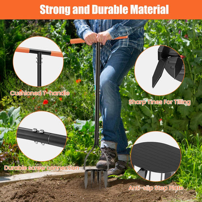Hand Tiller Cultivator with 5.1 Inch Deep 8 Steel Teeth, Manual Soil Tiller Garden Tool 40 Inch with Anti-Slip Pedal，Garden Claw for Weeding, Planting Aerating, Mixing Soil