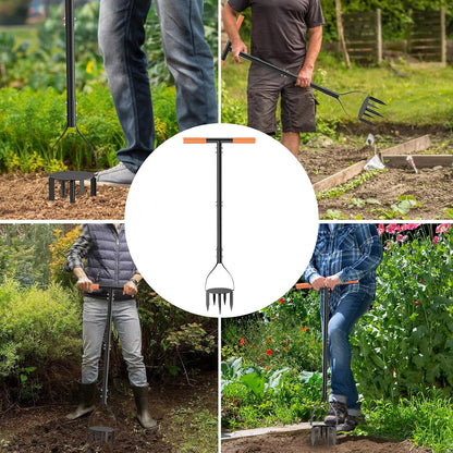 Hand Tiller Cultivator with 5.1 Inch Deep 8 Steel Teeth, Manual Soil Tiller Garden Tool 40 Inch with Anti-Slip Pedal，Garden Claw for Weeding, Planting Aerating, Mixing Soil