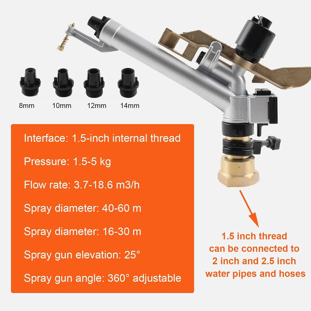 1.5" Impact Spray Gun Sprinkler, 360° Adjustable