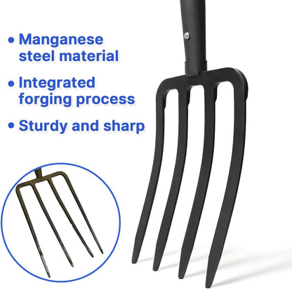 Pitchfork,Pitchforks for Gardening Digging Composting Spading,4Tines Garden Fork witn Fiberglass Handle,43 Inches