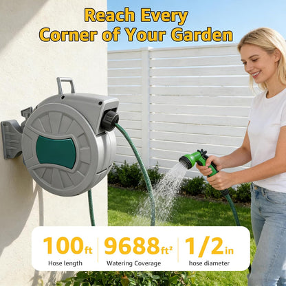 Retractable Hose Reel 1/2 in x 100 ft, Wall Mount Garden Water Hose Reel for Car Wash, Pet Bath & Plant Watering, Automatic Slow Rewind, Triple-Layer Anti-Kink Hose, 7-Pattern Spray Nozzle